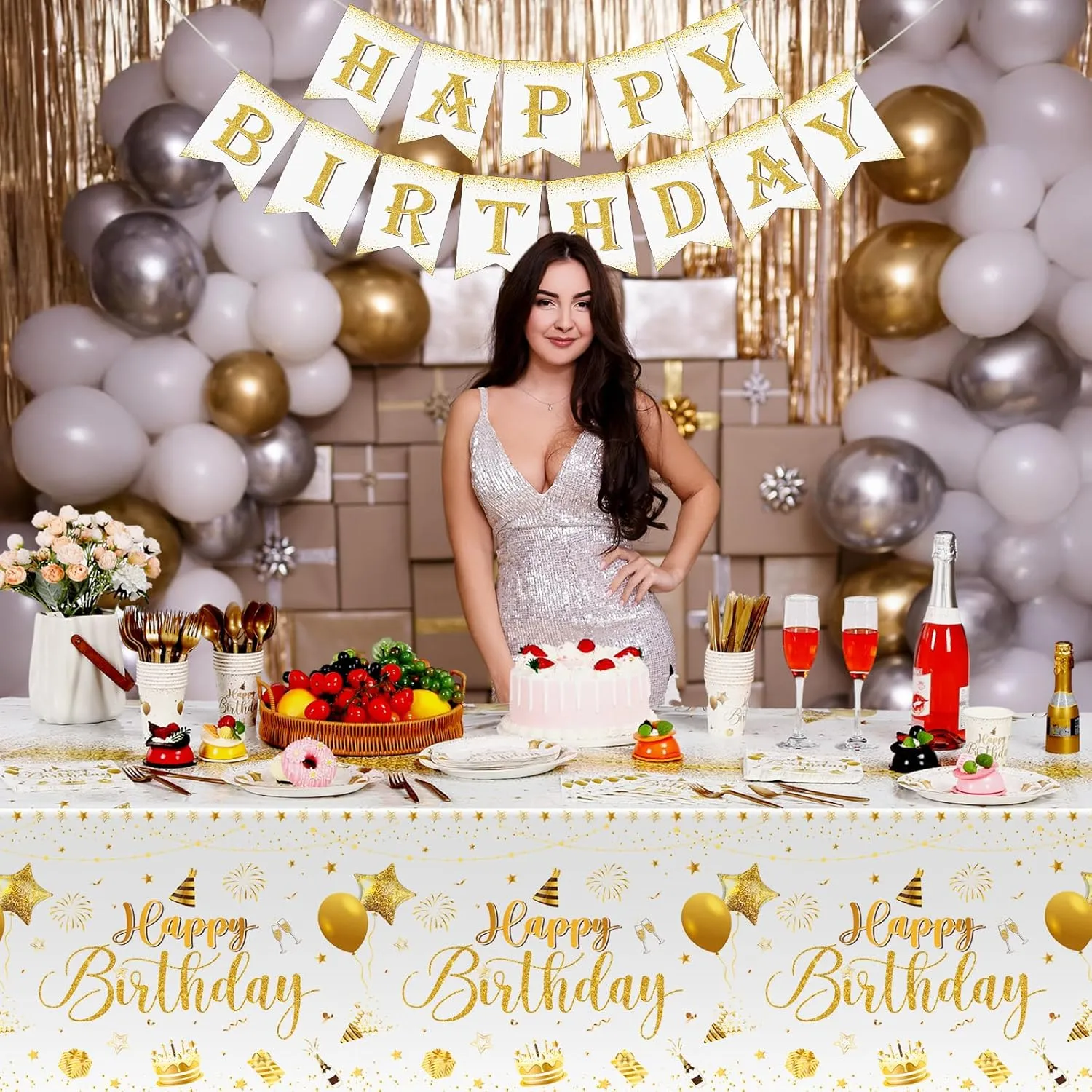 Vesici 171 Pcs Happy Birthday Party Supplies 24 Set Disposable Party Tableware include Plates Cups Napkins Cutlery and Banner Tablecloth Birthday Dinner Decorations for Men Woman(White, Gold)