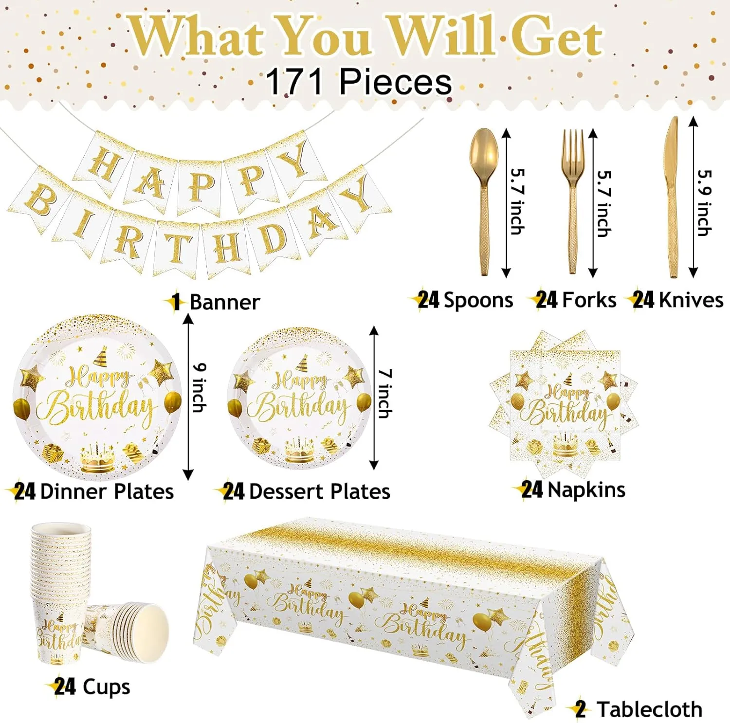 Vesici 171 Pcs Happy Birthday Party Supplies 24 Set Disposable Party Tableware include Plates Cups Napkins Cutlery and Banner Tablecloth Birthday Dinner Decorations for Men Woman(White, Gold)