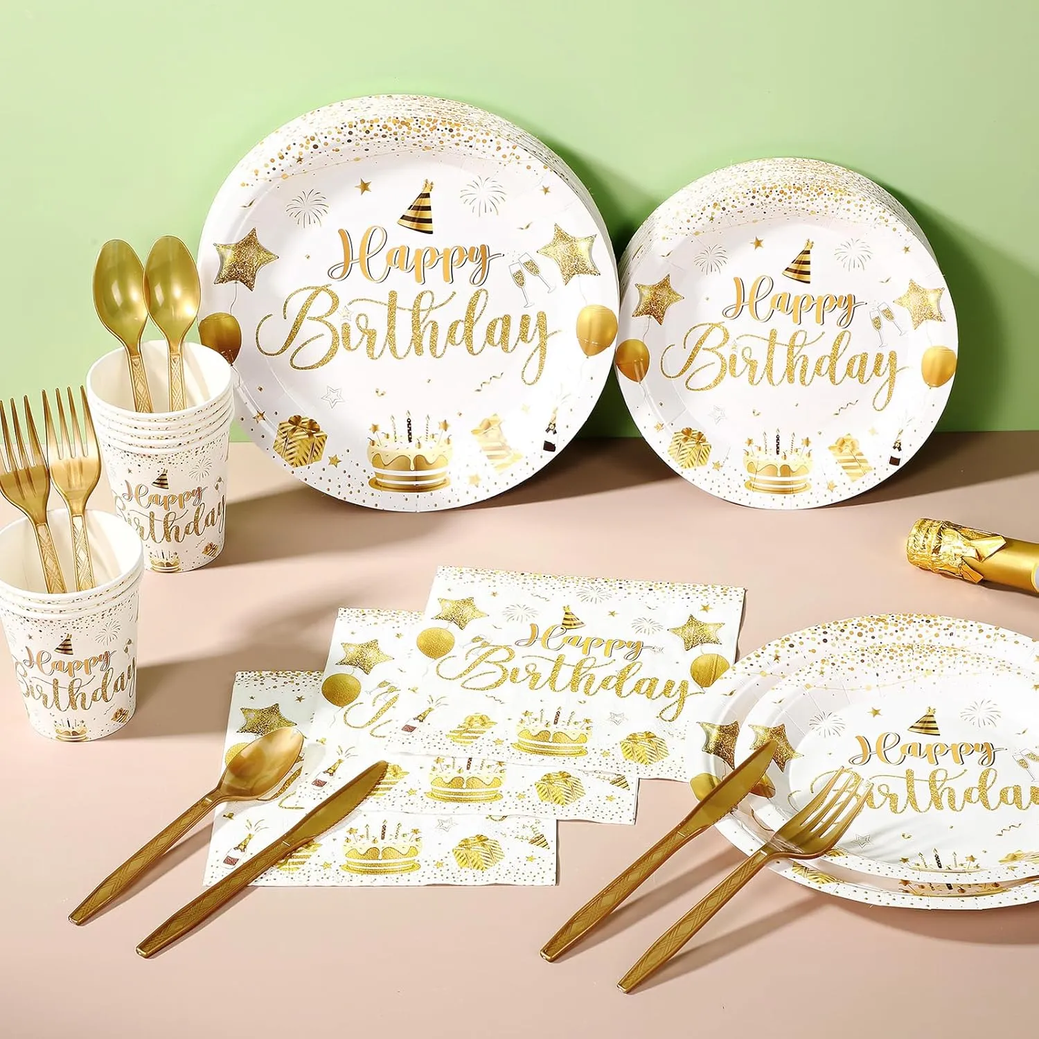 Vesici 171 Pcs Happy Birthday Party Supplies 24 Set Disposable Party Tableware include Plates Cups Napkins Cutlery and Banner Tablecloth Birthday Dinner Decorations for Men Woman(White, Gold)
