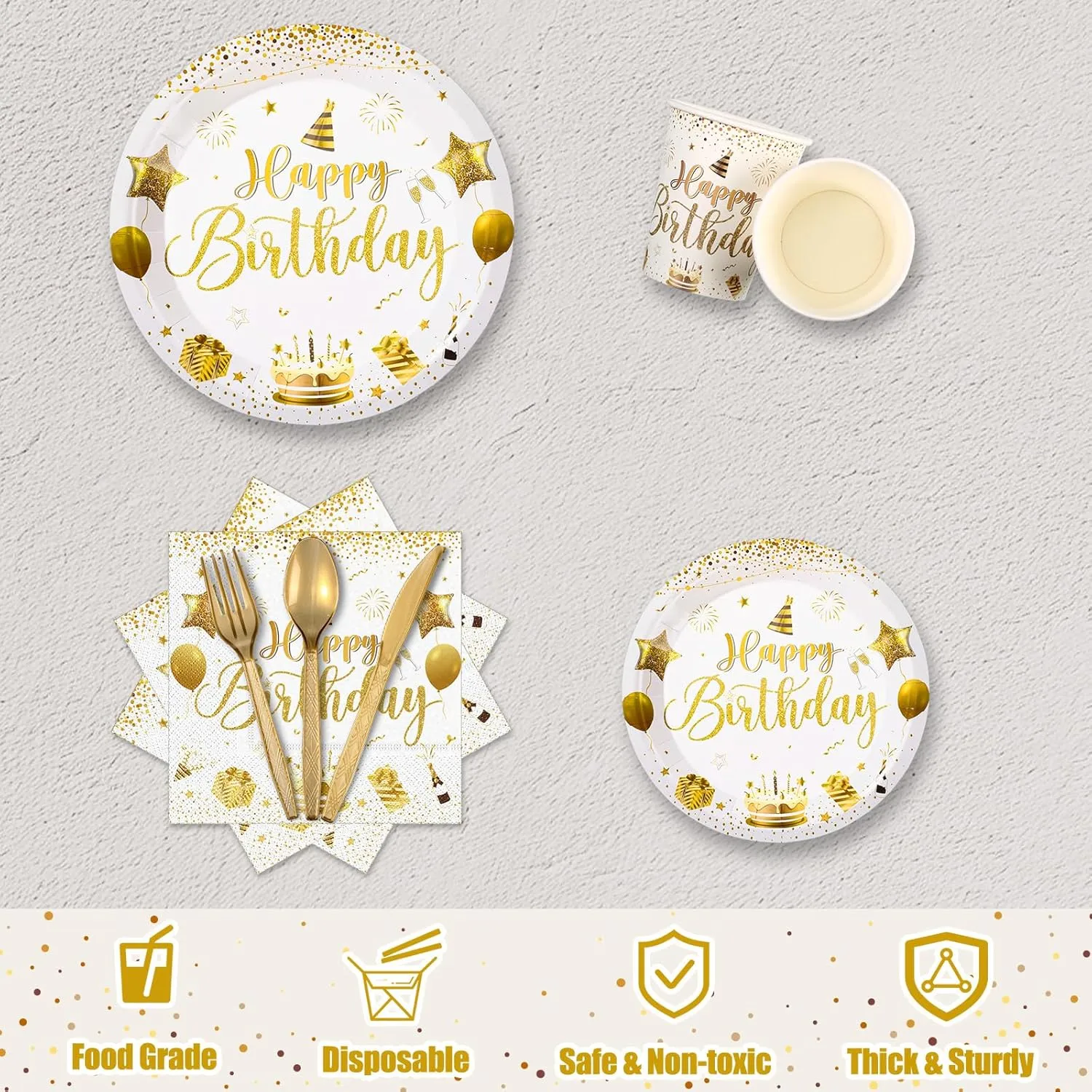 Vesici 171 Pcs Happy Birthday Party Supplies 24 Set Disposable Party Tableware include Plates Cups Napkins Cutlery and Banner Tablecloth Birthday Dinner Decorations for Men Woman(White, Gold)