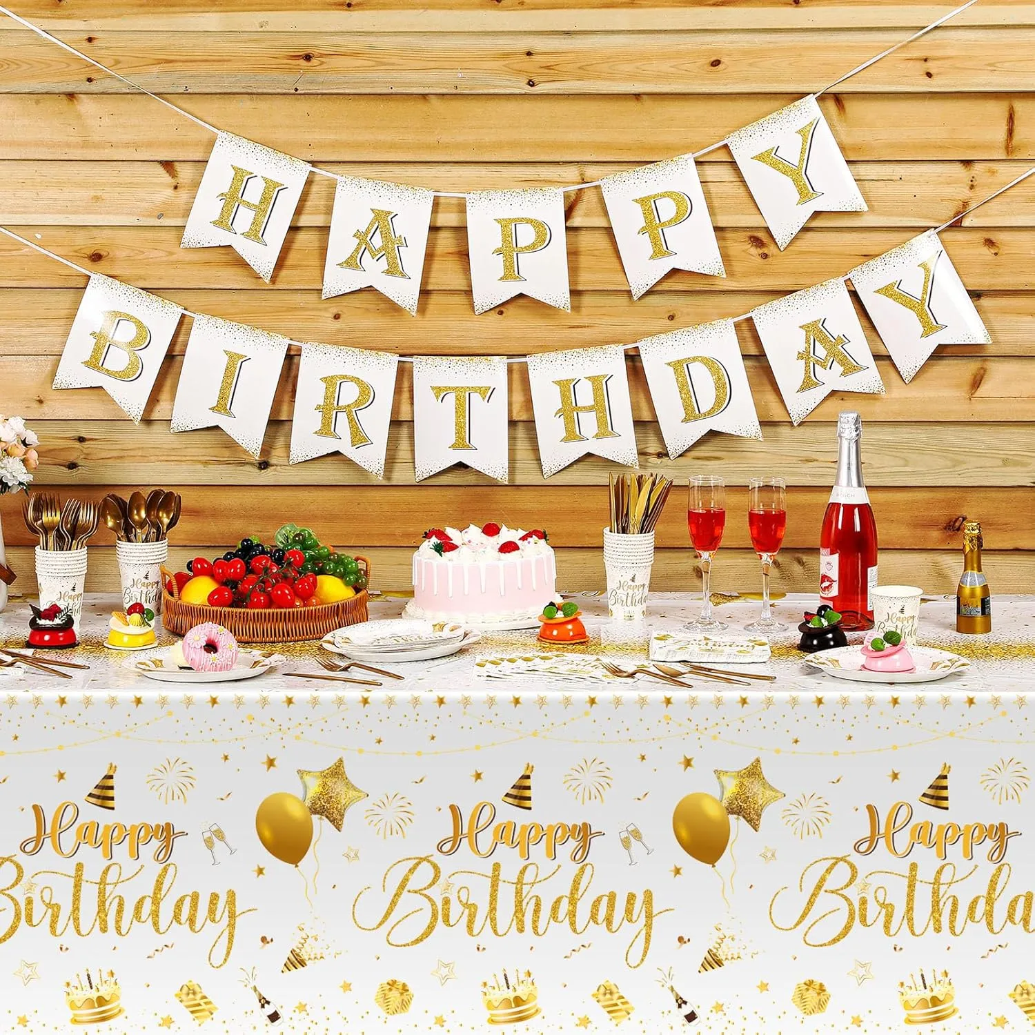 Vesici 171 Pcs Happy Birthday Party Supplies 24 Set Disposable Party Tableware include Plates Cups Napkins Cutlery and Banner Tablecloth Birthday Dinner Decorations for Men Woman(White, Gold)