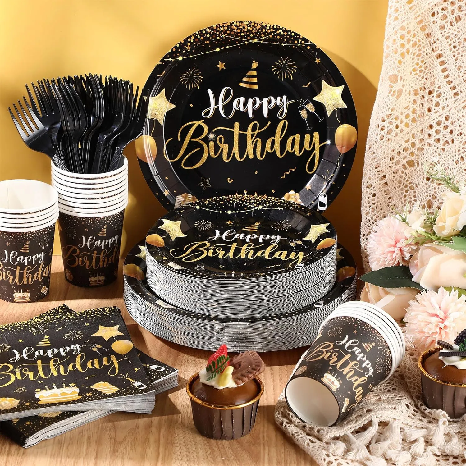 Vesici 350 Pcs Happy Birthday Party Supplies Disposable Party Tableware Set Serves 50 Included Plates Napkins Cups Cutlery for Men Woman 50th 80th Birthday Party Decorations (Black Gold)