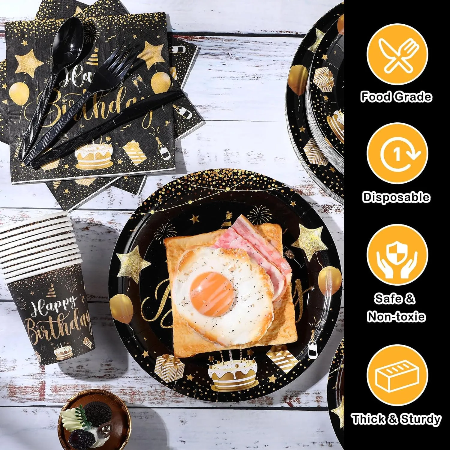Vesici 350 Pcs Happy Birthday Party Supplies Disposable Party Tableware Set Serves 50 Included Plates Napkins Cups Cutlery for Men Woman 50th 80th Birthday Party Decorations (Black Gold)
