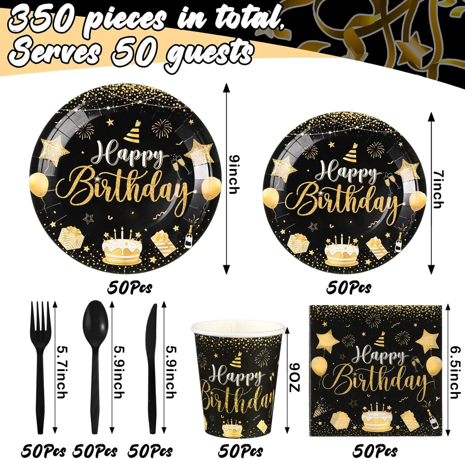Vesici 350 Pcs Happy Birthday Party Supplies Disposable Party Tableware Set Serves 50 Included Plates Napkins Cups Cutlery for Men Woman 50th 80th Birthday Party Decorations (Black Gold)