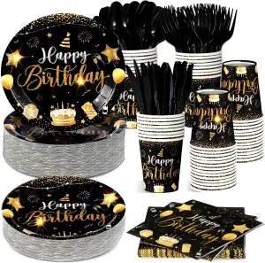 Vesici 350 Pcs Happy Birthday Party Supplies Disposable Party Tableware Set Serves 50 Included Plates Napkins Cups Cutlery for Men Woman 50th 80th Birthday Party Decorations (Black Gold)