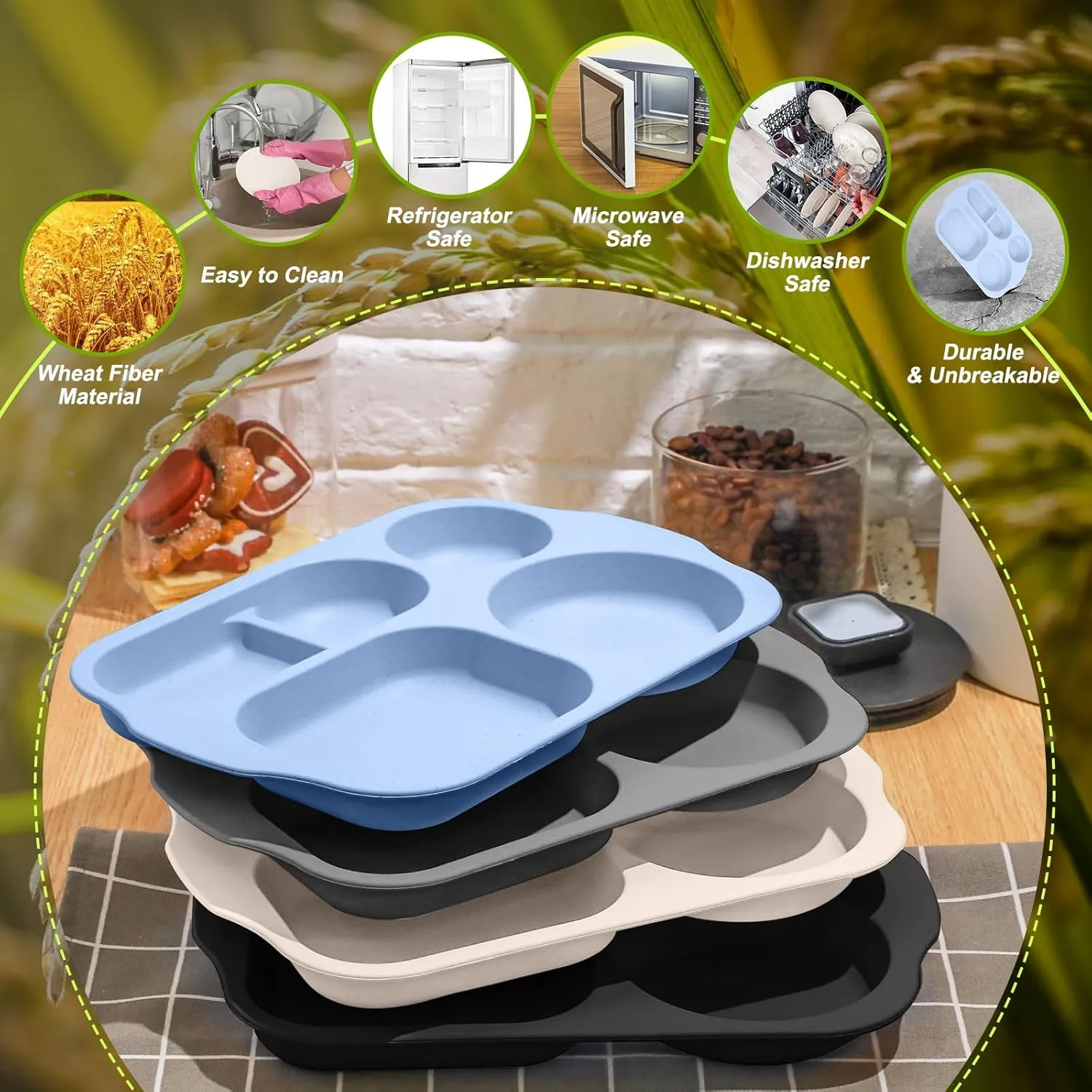 Vesici 8 Pcs Large 12 Inch Unbreakable Divided Plates for Kids Adults - Wheat Straw Tray - Microwave Dishwasher Safe - Reusable Plastic Compartment Plates(Black, Dark Gray, Blue, Beige)