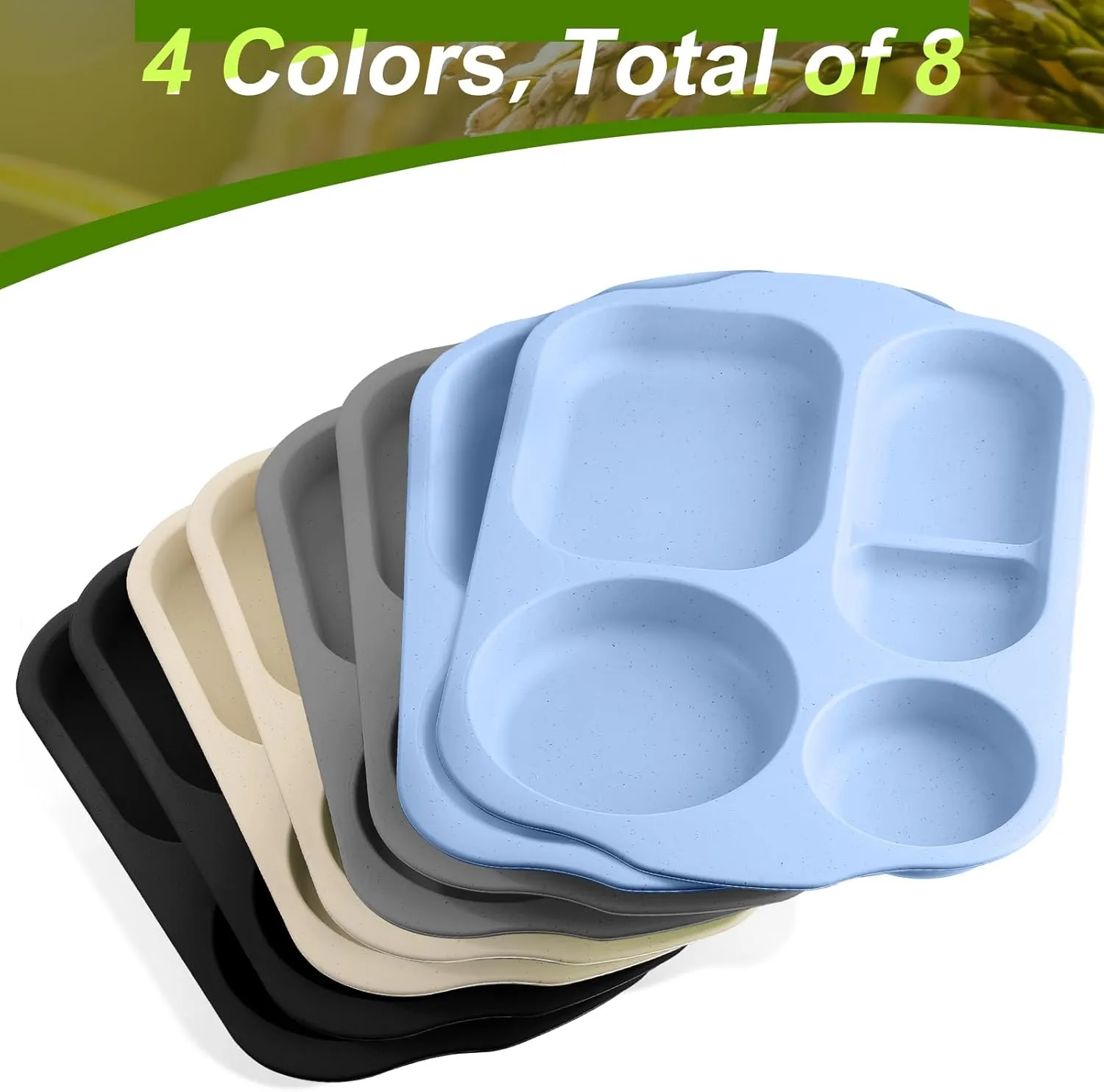 Vesici 8 Pcs Large 12 Inch Unbreakable Divided Plates for Kids Adults - Wheat Straw Tray - Microwave Dishwasher Safe - Reusable Plastic Compartment Plates(Black, Dark Gray, Blue, Beige)