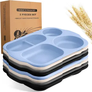 Vesici 8 Pcs Large 12 Inch Unbreakable Divided Plates for Kids Adults - Wheat Straw Tray - Microwave Dishwasher Safe - Reusable Plastic Compartment Plates(Black, Dark Gray, Blue, Beige)