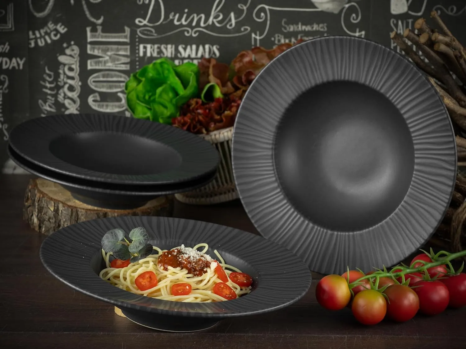 Vesuvio Series 21820, 4-Piece Crockery Set, Plate Set Made of Stoneware Black