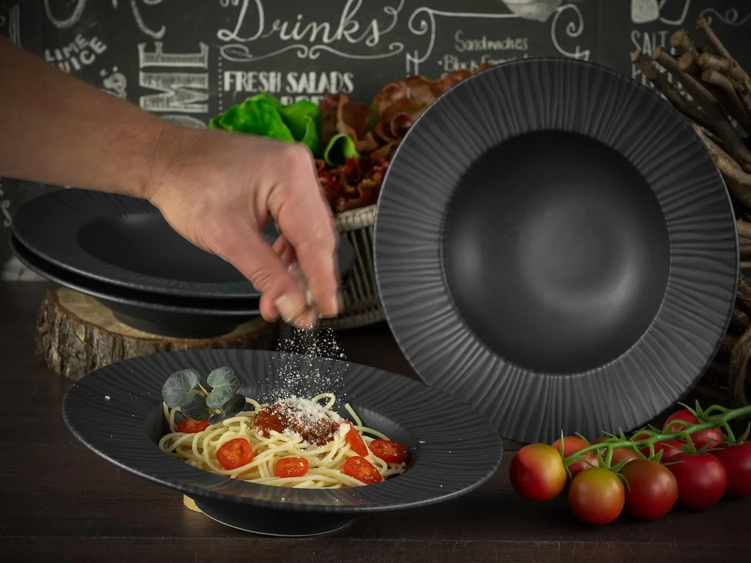 Vesuvio Series 21820, 4-Piece Crockery Set, Plate Set Made of Stoneware Black