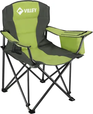 VILLEY Camping Chair, Oversized Folding Camp Chair, Portable Outdoor Chairs Support 400 LBS with Padded Seats, Cooler Bag, Cup Holder, Carry Bag, Green