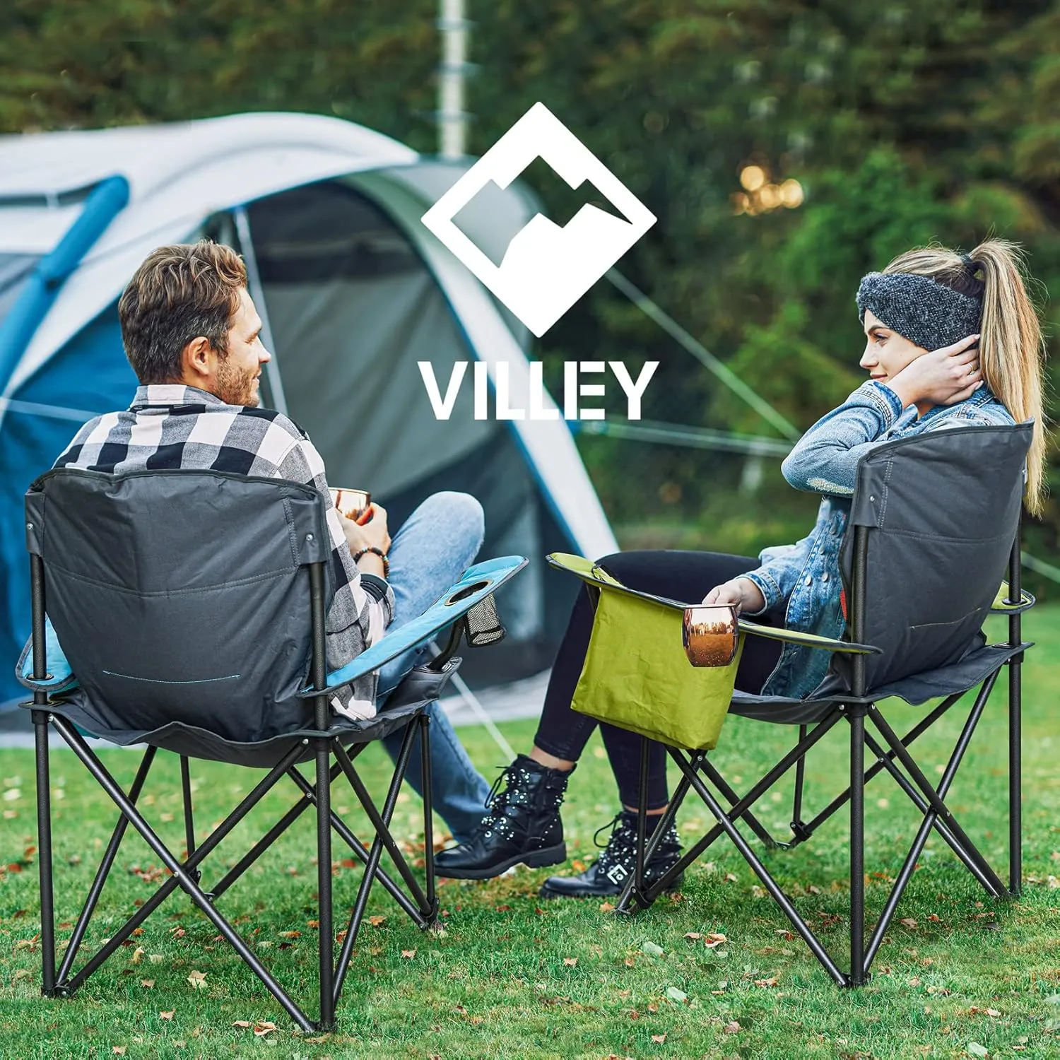 VILLEY Camping Chair, Oversized Folding Camp Chair, Portable Outdoor Chairs Support 400 LBS with Padded Seats, Cooler Bag, Cup Holder, Carry Bag, Green