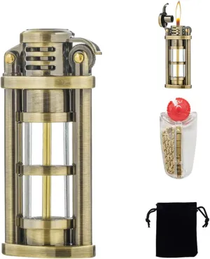 Vintage Brass Kerosene Lighter - Windproof Flint Ignition, Reusable Retro Design Antique Classic Collectible - Unique Birthday Gift for Men, Dad, Husband (Fuel Not Included)