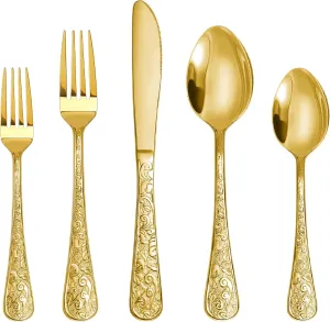 Vintage Carved Gold Stainless Steel 20 Pieces Flatware Set, Golden Silverware Set, Modern Embossed Cutlery Set Utensils Including Fork Spoon and Knife