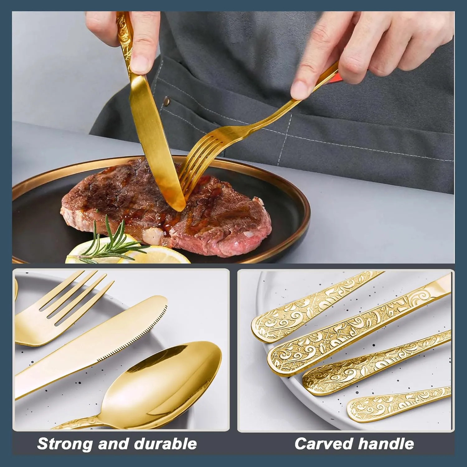 Vintage Carved Gold Stainless Steel 20 Pieces Flatware Set, Golden Silverware Set, Modern Embossed Cutlery Set Utensils Including Fork Spoon and Knife