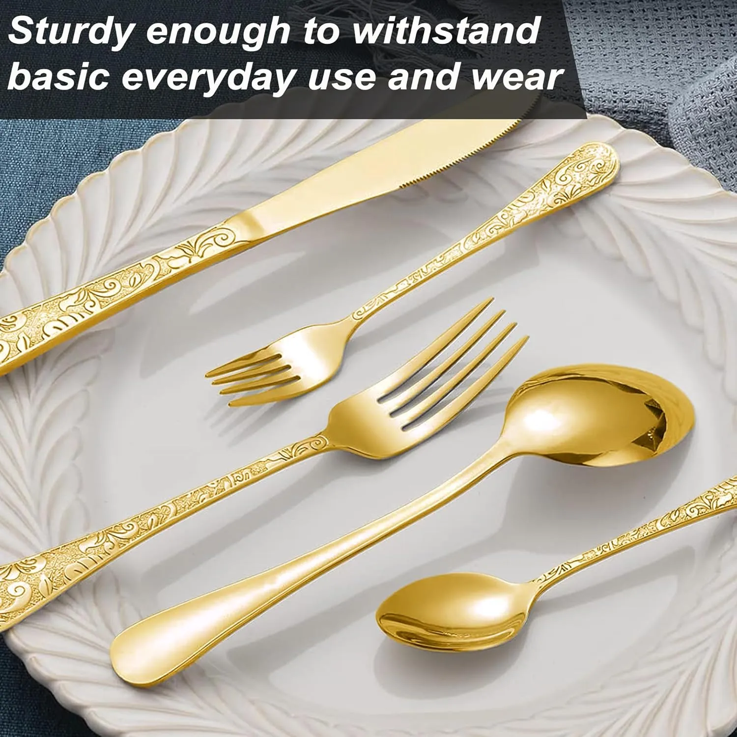 Vintage Carved Gold Stainless Steel 20 Pieces Flatware Set, Golden Silverware Set, Modern Embossed Cutlery Set Utensils Including Fork Spoon and Knife