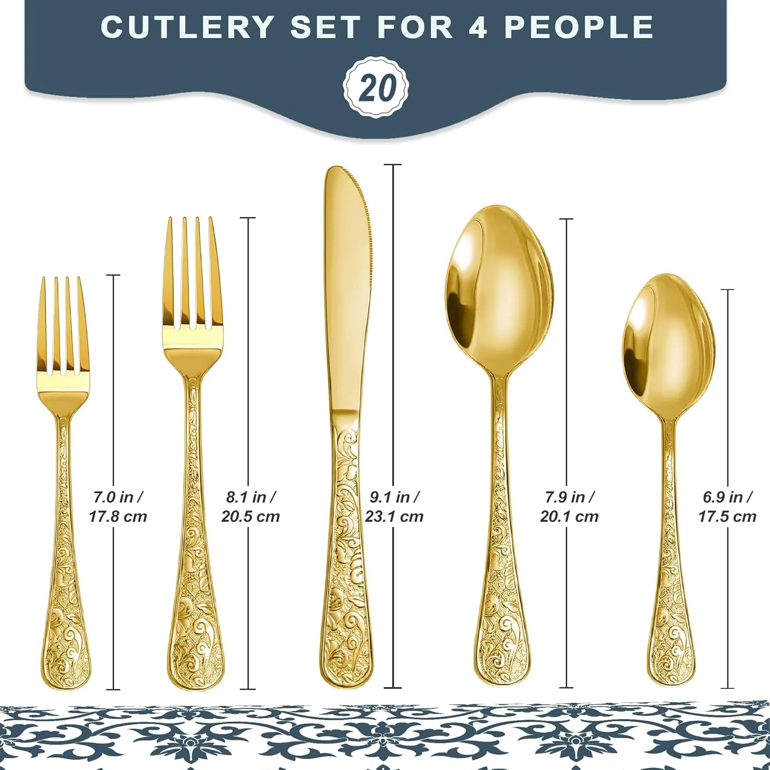 Vintage Carved Gold Stainless Steel 20 Pieces Flatware Set, Golden Silverware Set, Modern Embossed Cutlery Set Utensils Including Fork Spoon and Knife