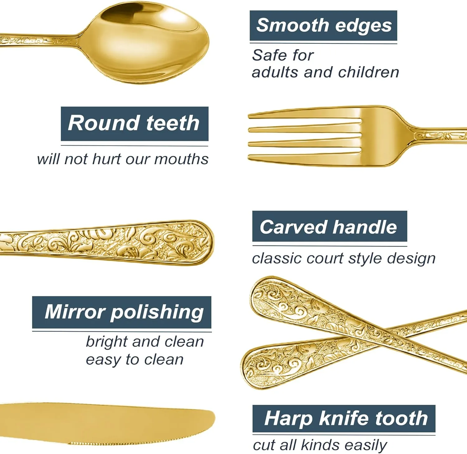 Vintage Carved Gold Stainless Steel 20 Pieces Flatware Set, Golden Silverware Set, Modern Embossed Cutlery Set Utensils Including Fork Spoon and Knife