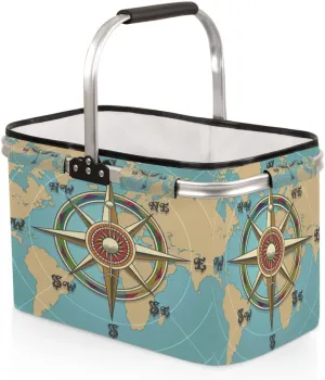 Vintage Compass World Map Folding Picnic Basket Large Collapsible Market Basket Aluminum Frame Cute Shopping Baskets Reusable Travel Camping Grocery Bags