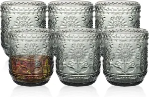 Vintage Drinking Glasses Set of 6,12oz Tumbler Glasses - Decorative Floral Embossed Water Glasses - Heavy Duty Glassware Beverages Tumblers for Whisky, Beer, Juice, Wine, Grey