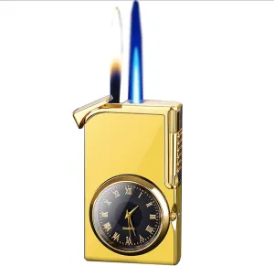 Vintage Dual Flame Windproof Lighter, Metal Texture, Butane Refillable, Adjustable Flame, Portable Multi-Function Lighter (Fuel Not Included)(Gold)