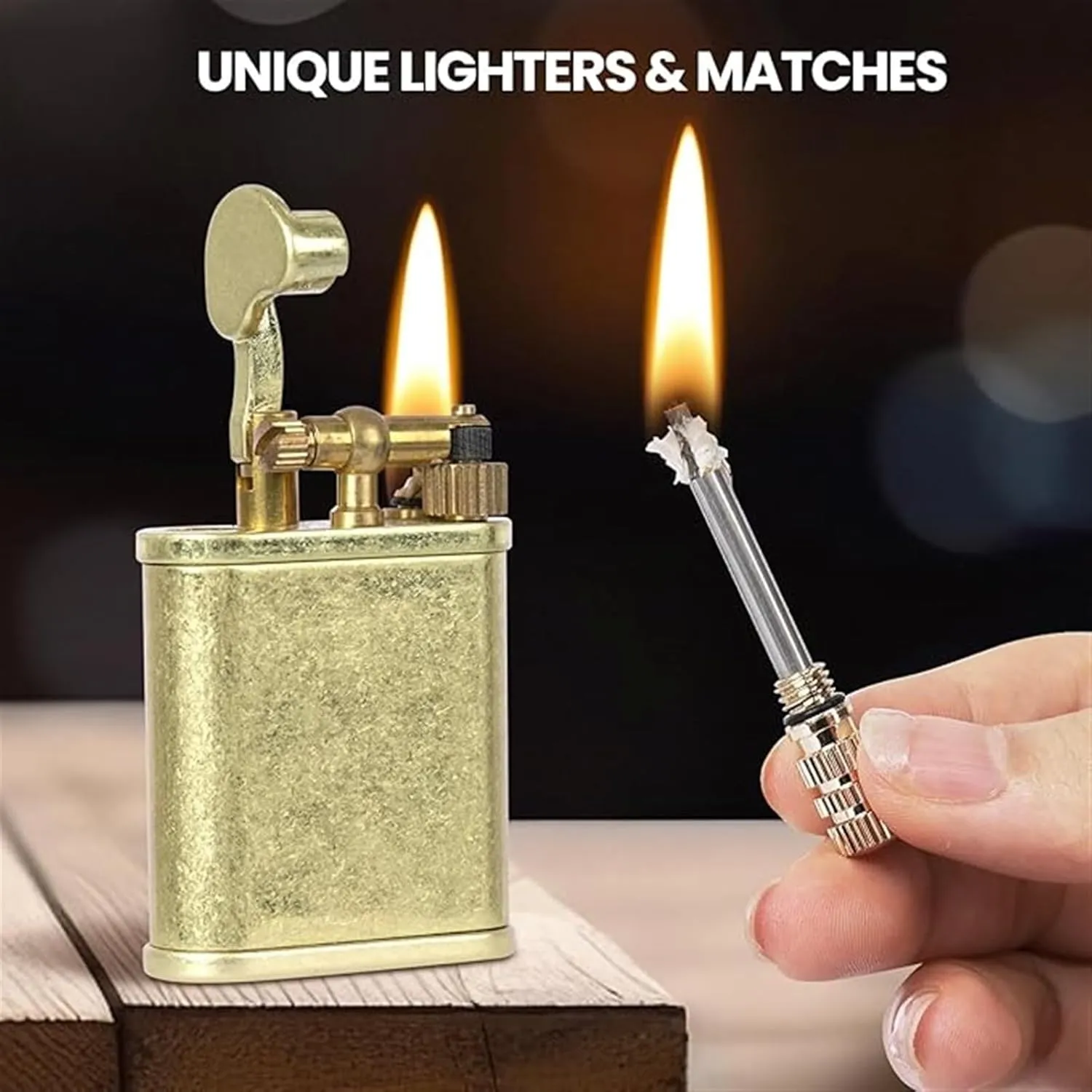 Vintage Lighter Permanent Matches, Vintage Brass Lighter, Kerosene Lighter, Liquid refillable, Reusable Waterproof Match Lighter, Gift for Men(D)