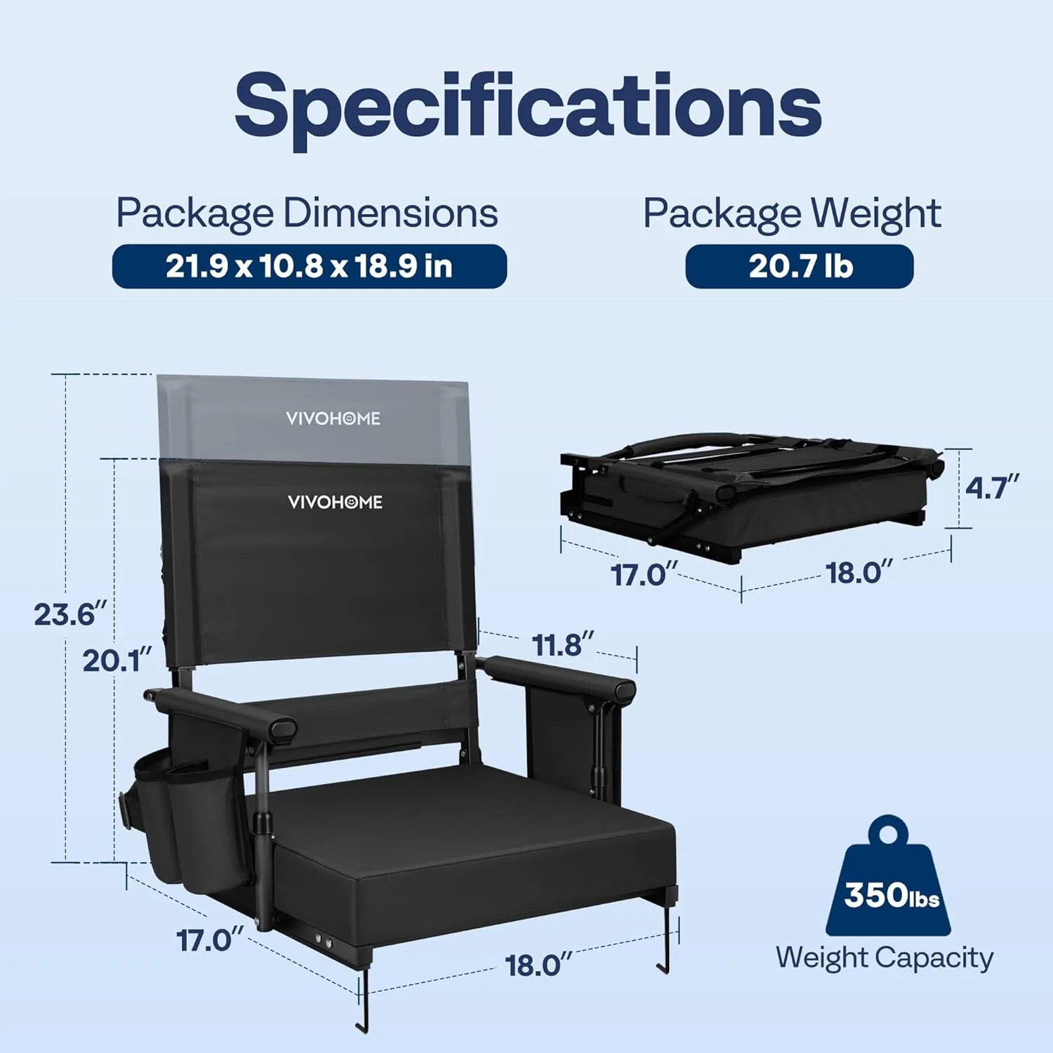 VIVOHOME Height Adjustable High Back Stadium Seats with Back Support and Cushion, 2 Pack Portable Bleacher Chairs with Cup Holder and Shoulder Strap, Black
