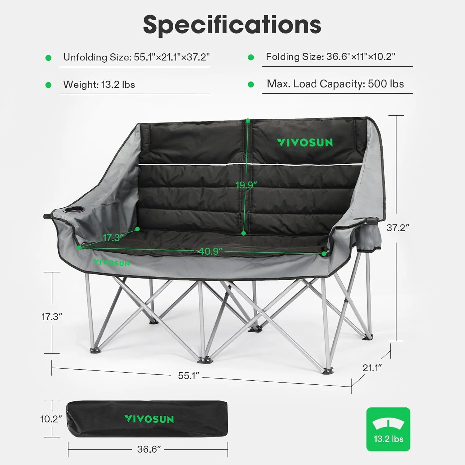 VIVOSUN Double Camping Chair, Fully Padded Folding Loveseat, Oversized Duo Chair with Cup & Wine Glass Holders, Pocket, Armrests & Carry Bag