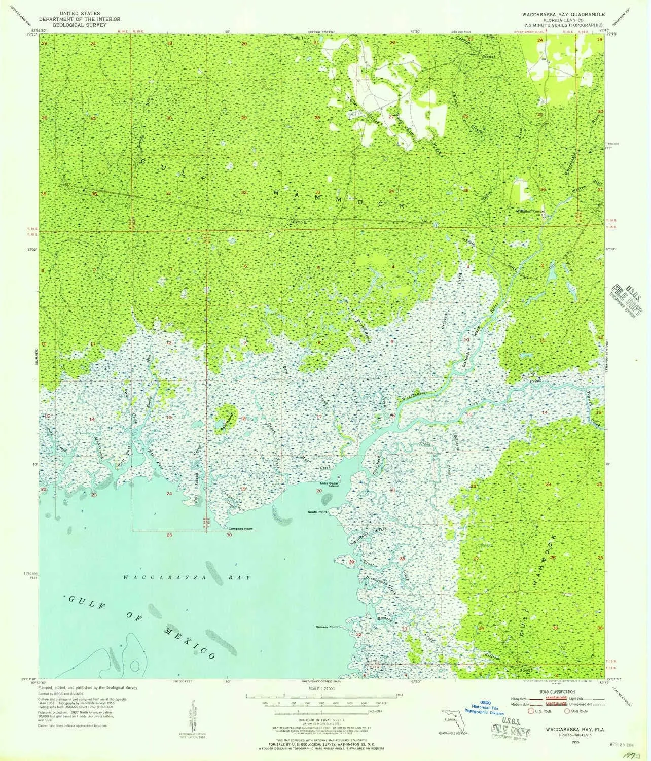 Waccasassa Bay FL topo map, 1:24000 Scale, 7.5 X 7.5 Minute, Historical, 1955, Updated 1956, 26.8 x 23 in