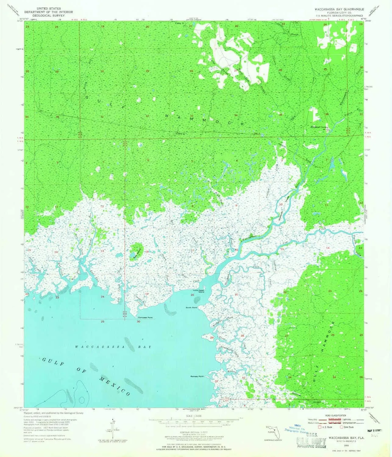 Waccasassa Bay FL topo map, 1:24000 Scale, 7.5 X 7.5 Minute, Historical, 1955, Updated 1965, 26.9 x 23 in