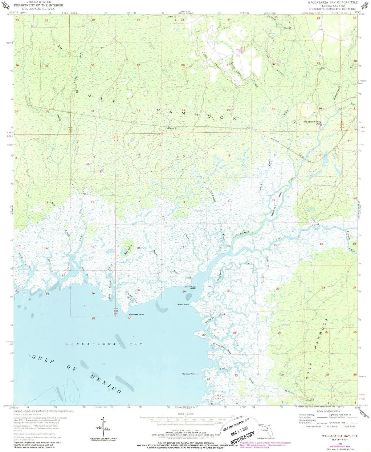 Waccasassa Bay FL topo map, 1:24000 Scale, 7.5 X 7.5 Minute, Historical, 1955, Updated 1988, 26.8 x 22 in