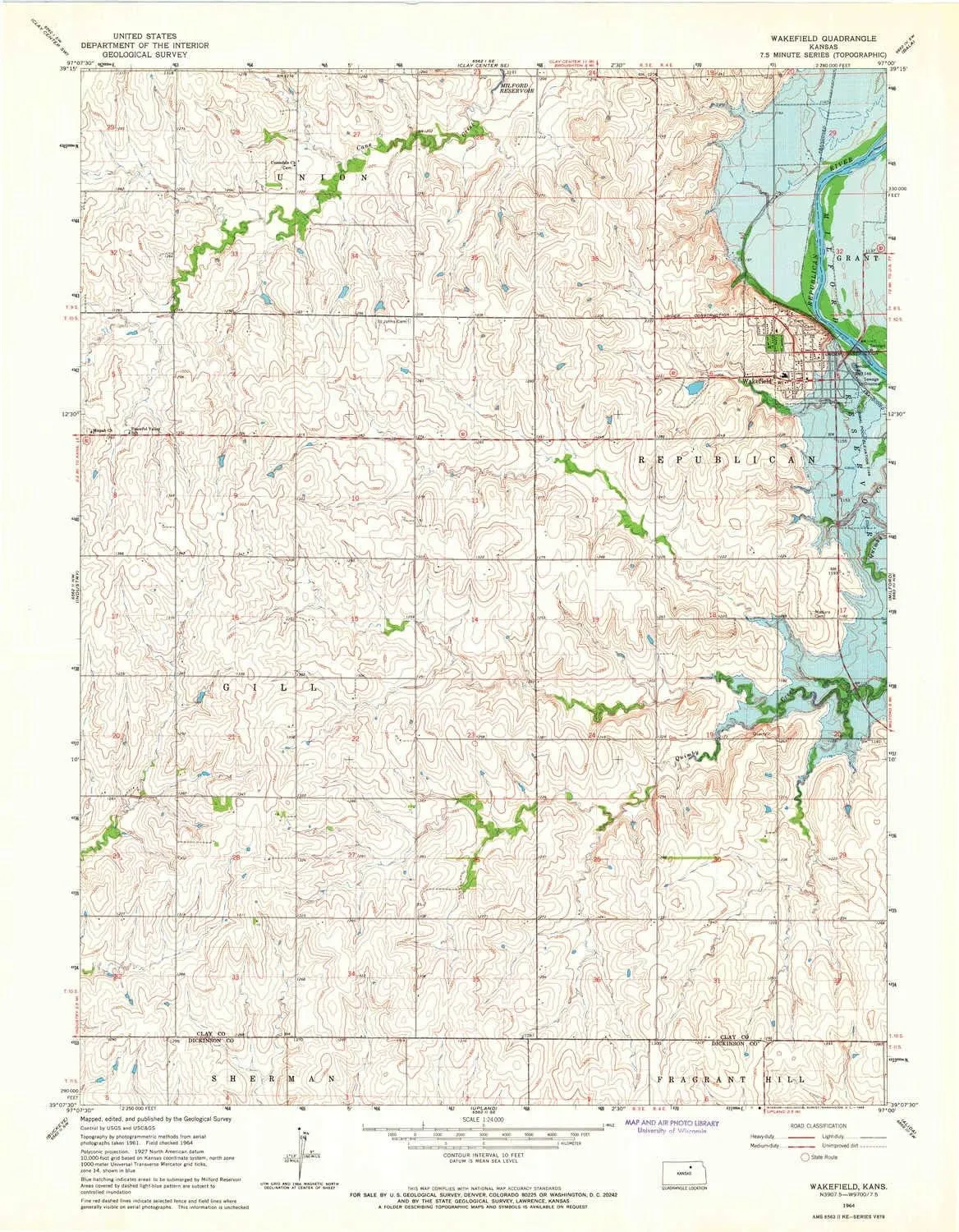 Wakefield KS topo map, 1:24000 Scale, 7.5 X 7.5 Minute, Historical, 1964, Updated 1966, 27.06 x 21.07 in