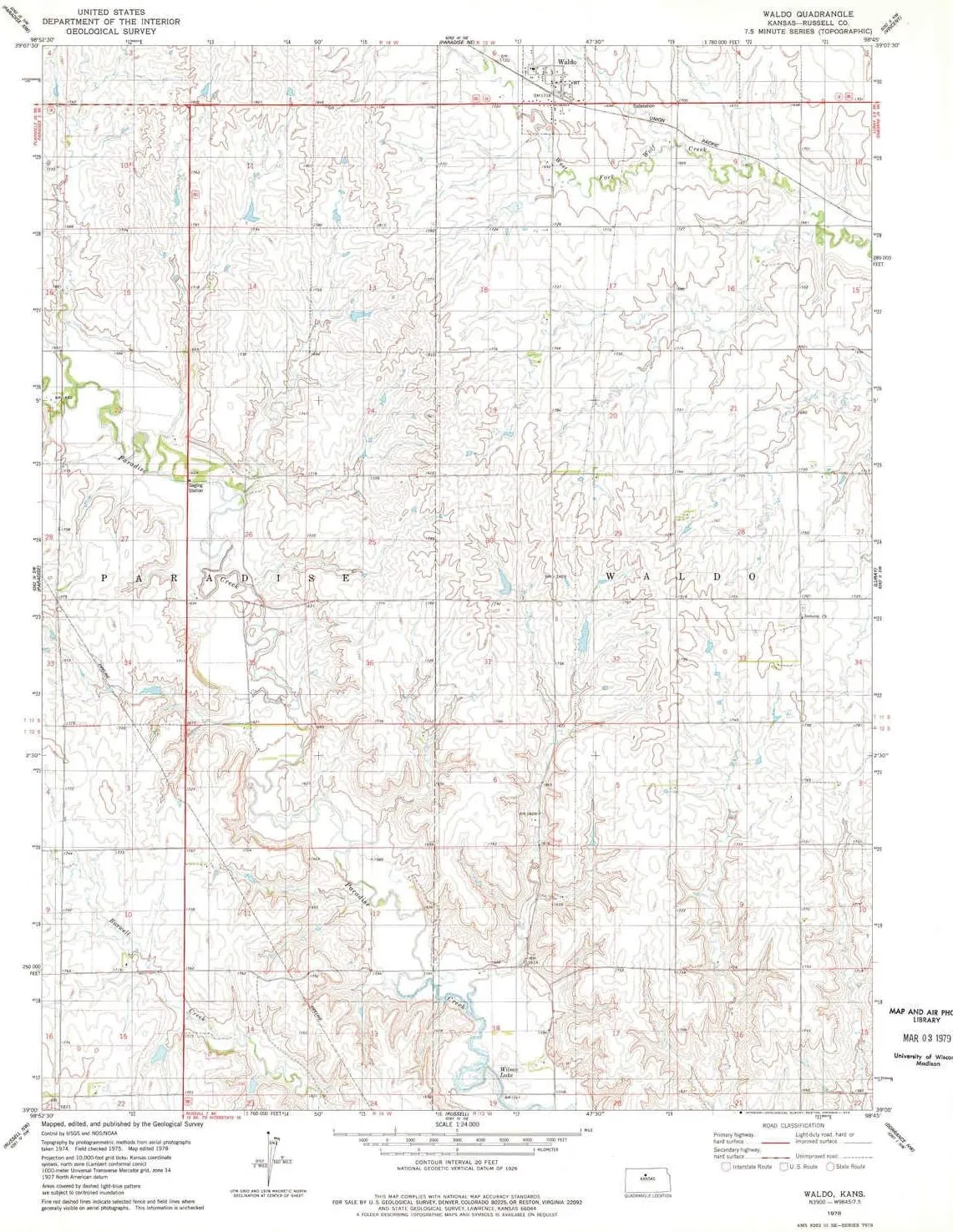 Waldo KS topo map, 1:24000 Scale, 7.5 X 7.5 Minute, Historical, 1978, Updated 1979, 26.79 x 20.71 in