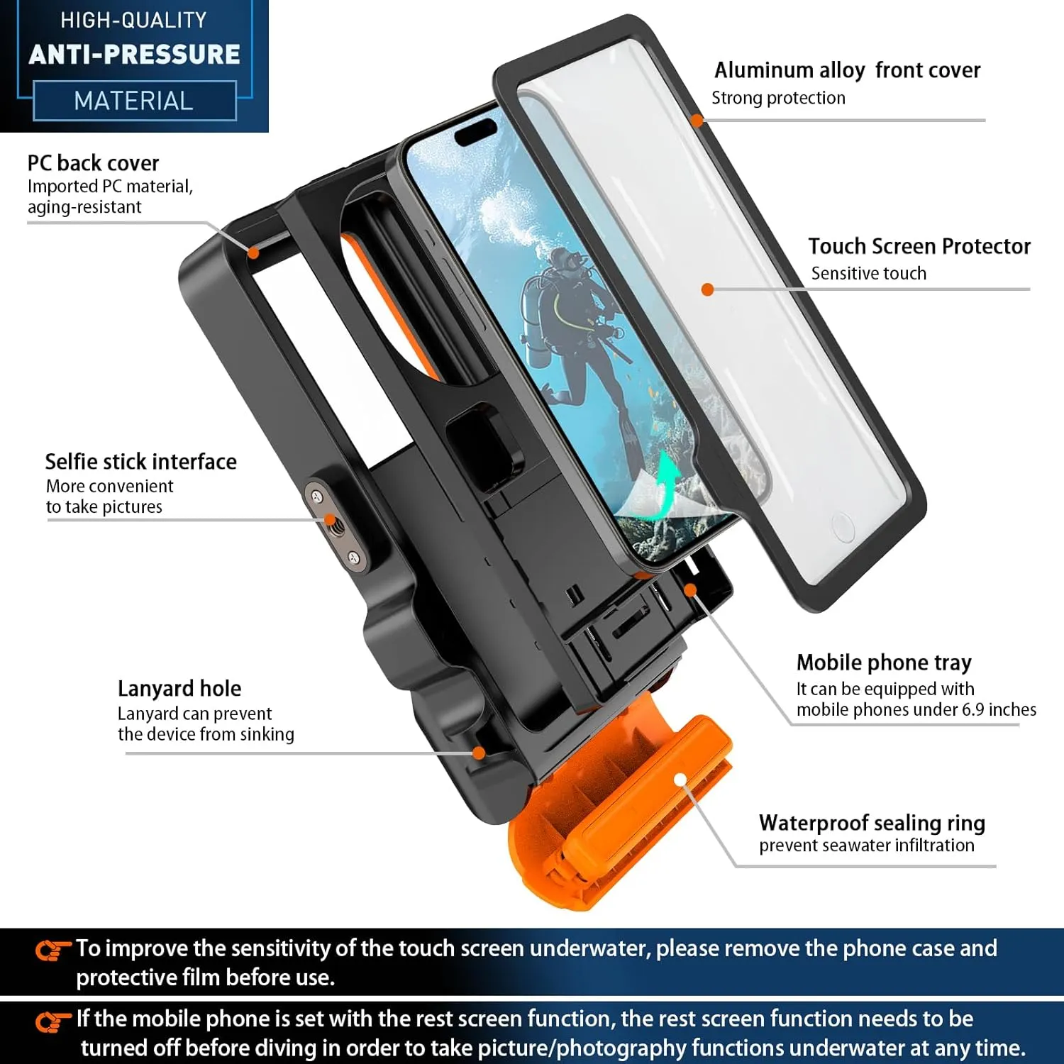 Waterproof Phone Case, Outdoor Diving Snorkeling Swimming Surfing Cover, Underwater Touch Screen Housing for iPhone 16 Pro Max Samsung S25 Ultra No More Than 6.9 Inch (Black Orange, 4TH GEN)