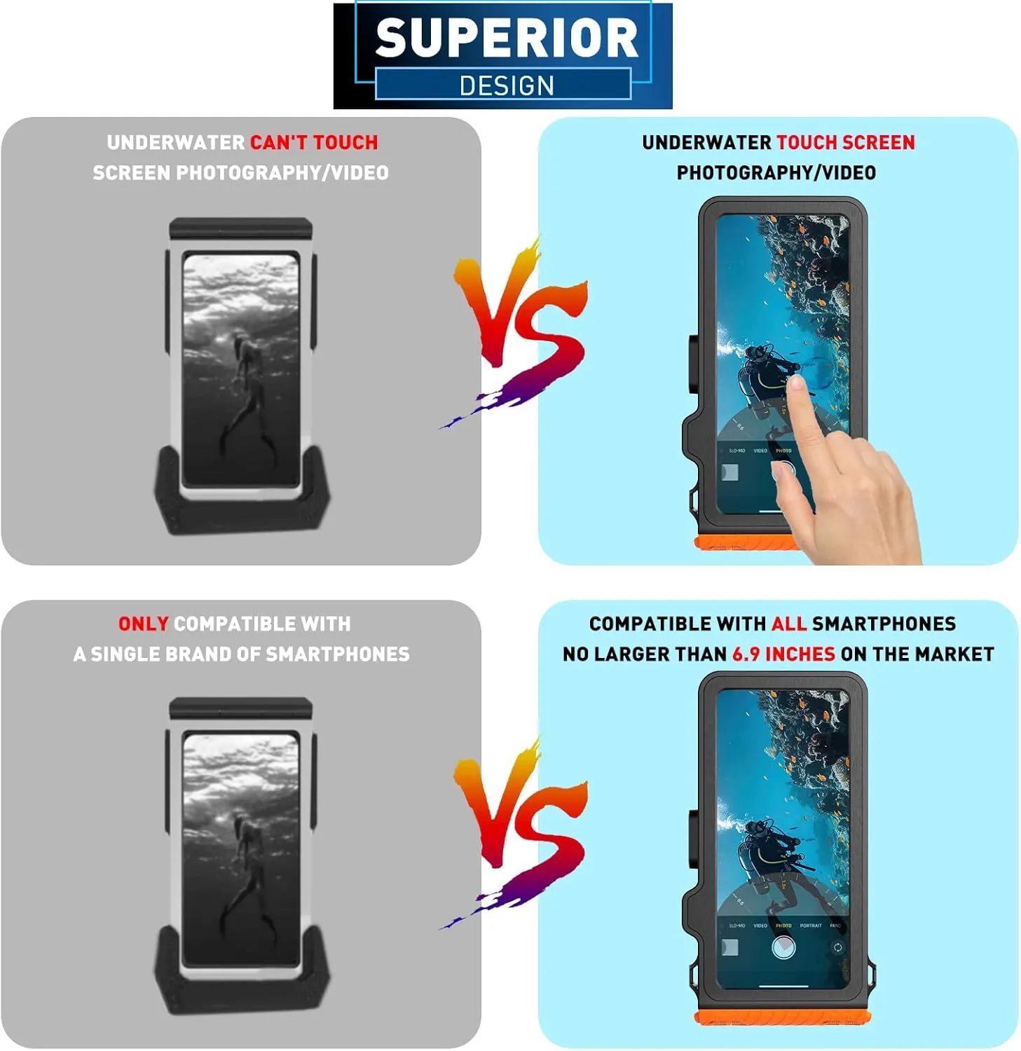 Waterproof Phone Case, Outdoor Diving Snorkeling Swimming Surfing Cover, Underwater Touch Screen Housing for iPhone 16 Pro Max Samsung S25 Ultra No More Than 6.9 Inch (Black Orange, 4TH GEN)
