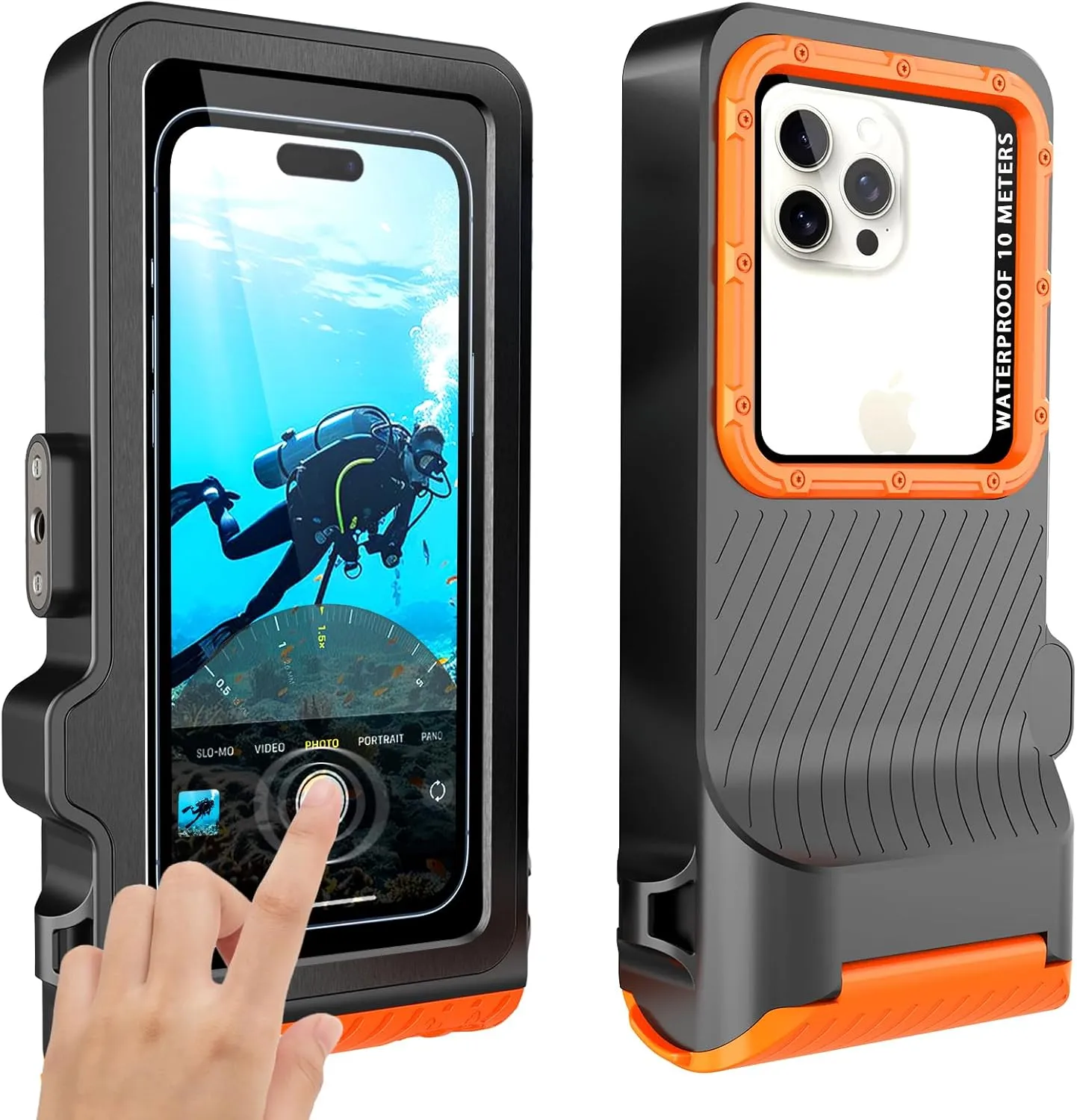 Waterproof Phone Case, Outdoor Diving Snorkeling Swimming Surfing Cover, Underwater Touch Screen Housing for iPhone 16 Pro Max Samsung S25 Ultra No More Than 6.9 Inch (Black Orange, 4TH GEN)