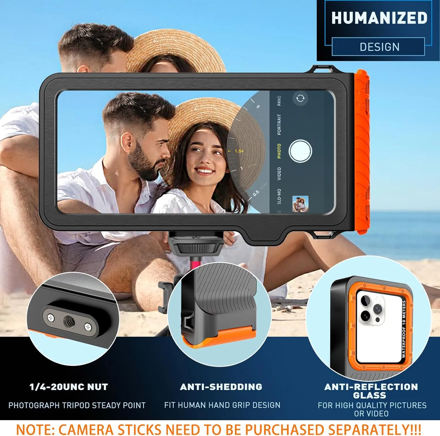 Waterproof Phone Case, Outdoor Diving Snorkeling Swimming Surfing Cover, Underwater Touch Screen Housing for iPhone 16 Pro Max Samsung S25 Ultra No More Than 6.9 Inch (Black Orange, 4TH GEN)