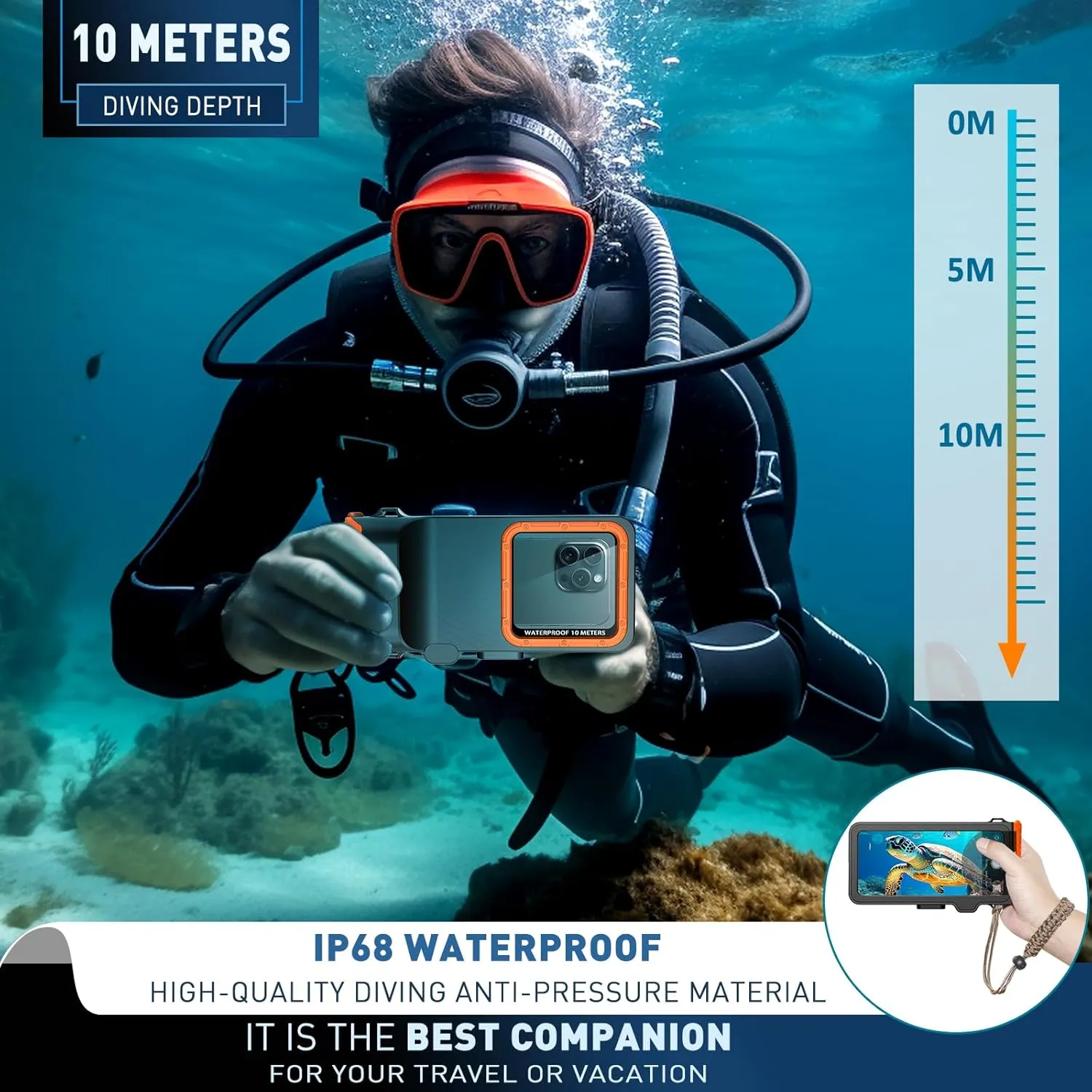 Waterproof Phone Case, Outdoor Diving Snorkeling Swimming Surfing Cover, Underwater Touch Screen Housing for iPhone 16 Pro Max Samsung S25 Ultra No More Than 6.9 Inch (Black Orange, 4TH GEN)