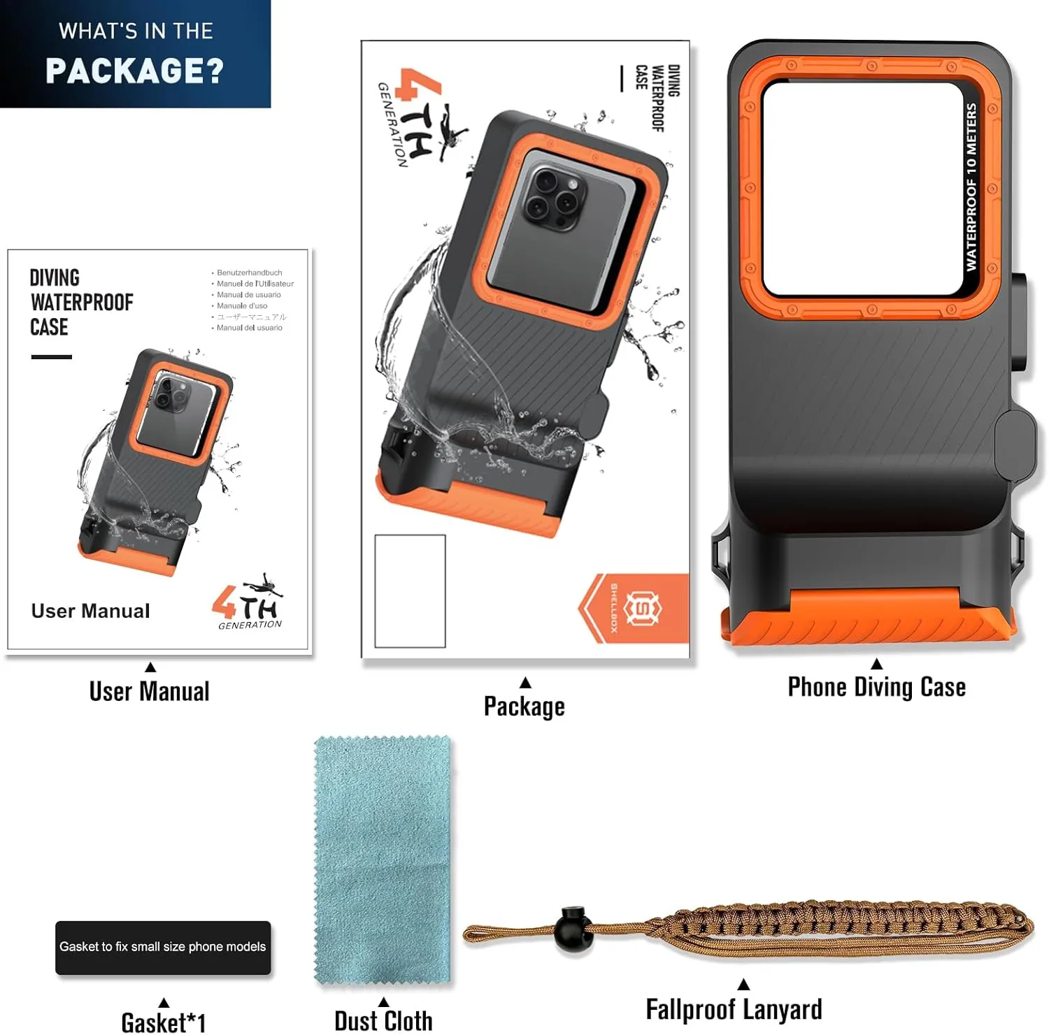Waterproof Phone Case, Outdoor Diving Snorkeling Swimming Surfing Cover, Underwater Touch Screen Housing for iPhone 16 Pro Max Samsung S25 Ultra No More Than 6.9 Inch (Black Orange, 4TH GEN)