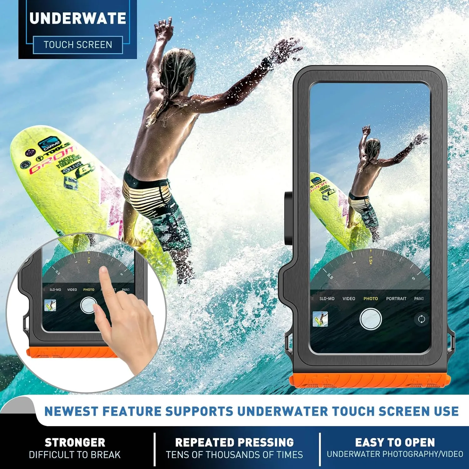 Waterproof Phone Case, Outdoor Diving Snorkeling Swimming Surfing Cover, Underwater Touch Screen Housing for iPhone 16 Pro Max Samsung S25 Ultra No More Than 6.9 Inch (Black Orange, 4TH GEN)