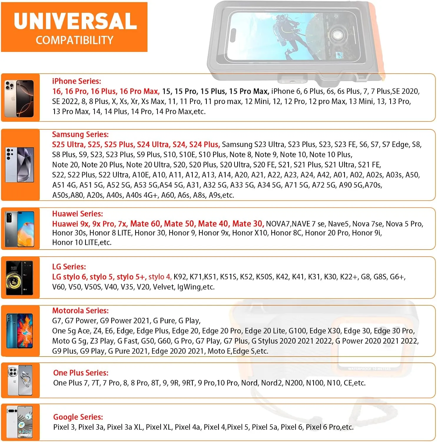 Waterproof Phone Case, Outdoor Diving Snorkeling Swimming Surfing Cover, Underwater Touch Screen Housing for iPhone 16 Pro Max Samsung S25 Ultra No More Than 6.9 Inch (Black Orange, 4TH GEN)