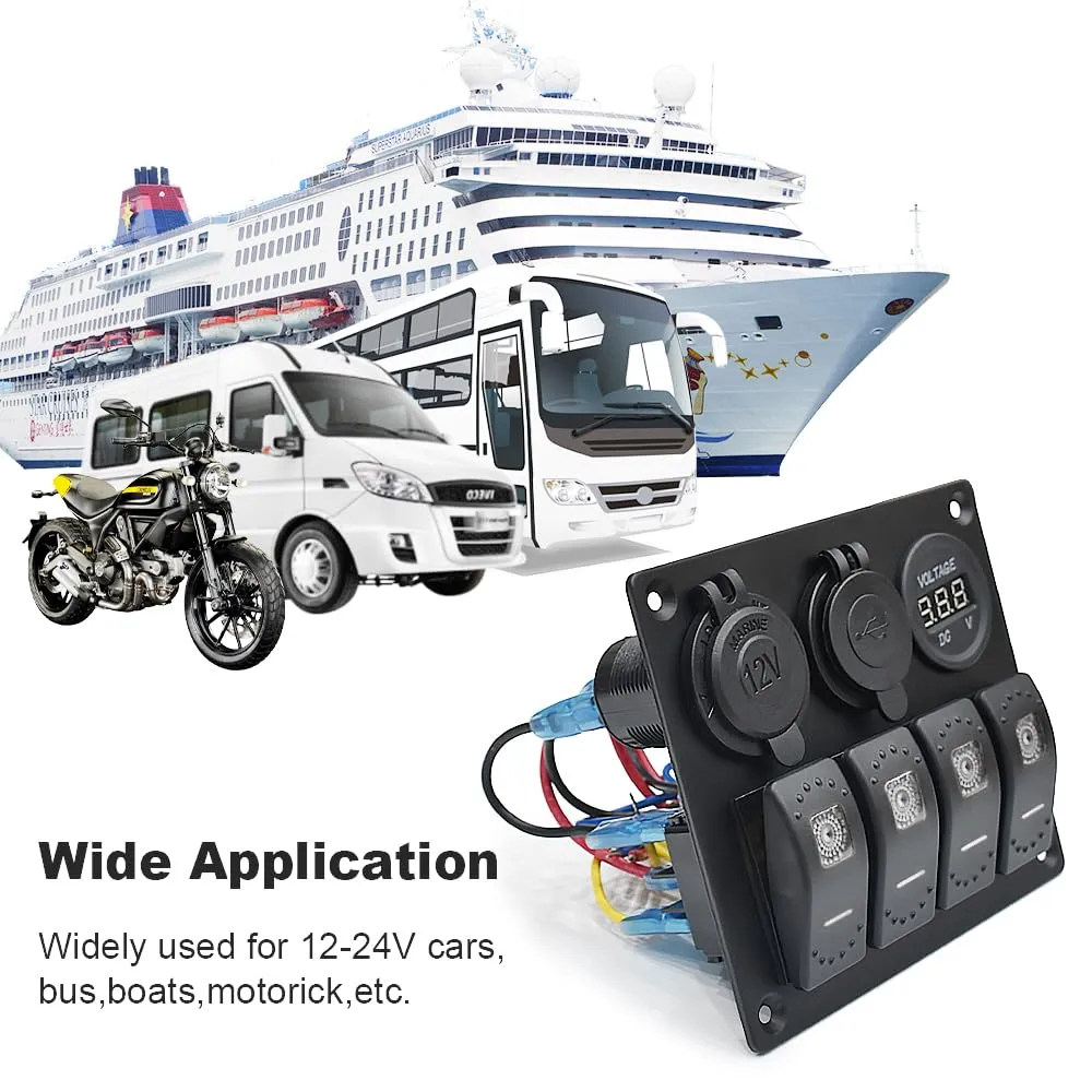 Waterproof White Aluminium Boat Rocker Switch Panel with 12V Voltmeter, 3.1A Dual USB, Cigarette Lighter Socket, 4 Bang Switch for Car