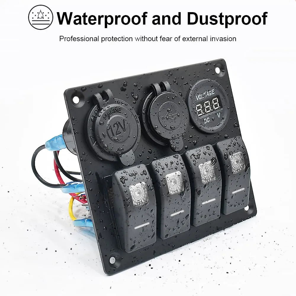 Waterproof White Aluminium Boat Rocker Switch Panel with 12V Voltmeter, 3.1A Dual USB, Cigarette Lighter Socket, 4 Bang Switch for Car