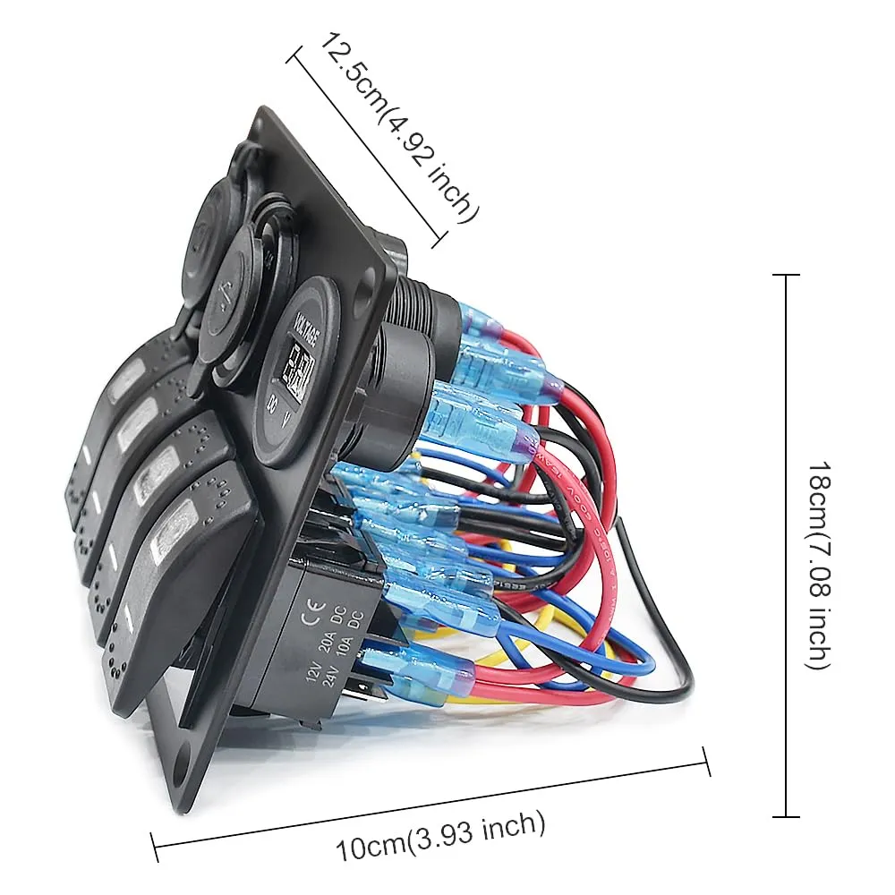 Waterproof White Aluminium Boat Rocker Switch Panel with 12V Voltmeter, 3.1A Dual USB, Cigarette Lighter Socket, 4 Bang Switch for Car