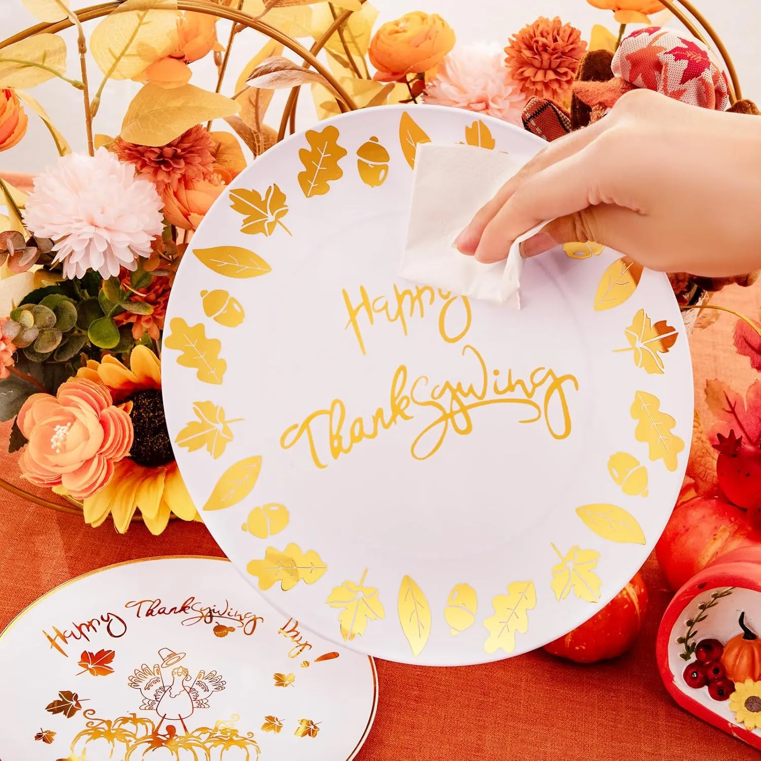 WDF 150 Pieces Thanksgiving Plastic Plates - Thanksgiving Disposable Plastic Plates and Gold Silverware -25 Guest Heavy Duty Plastic Plates For Thanksgiving Day&Parties