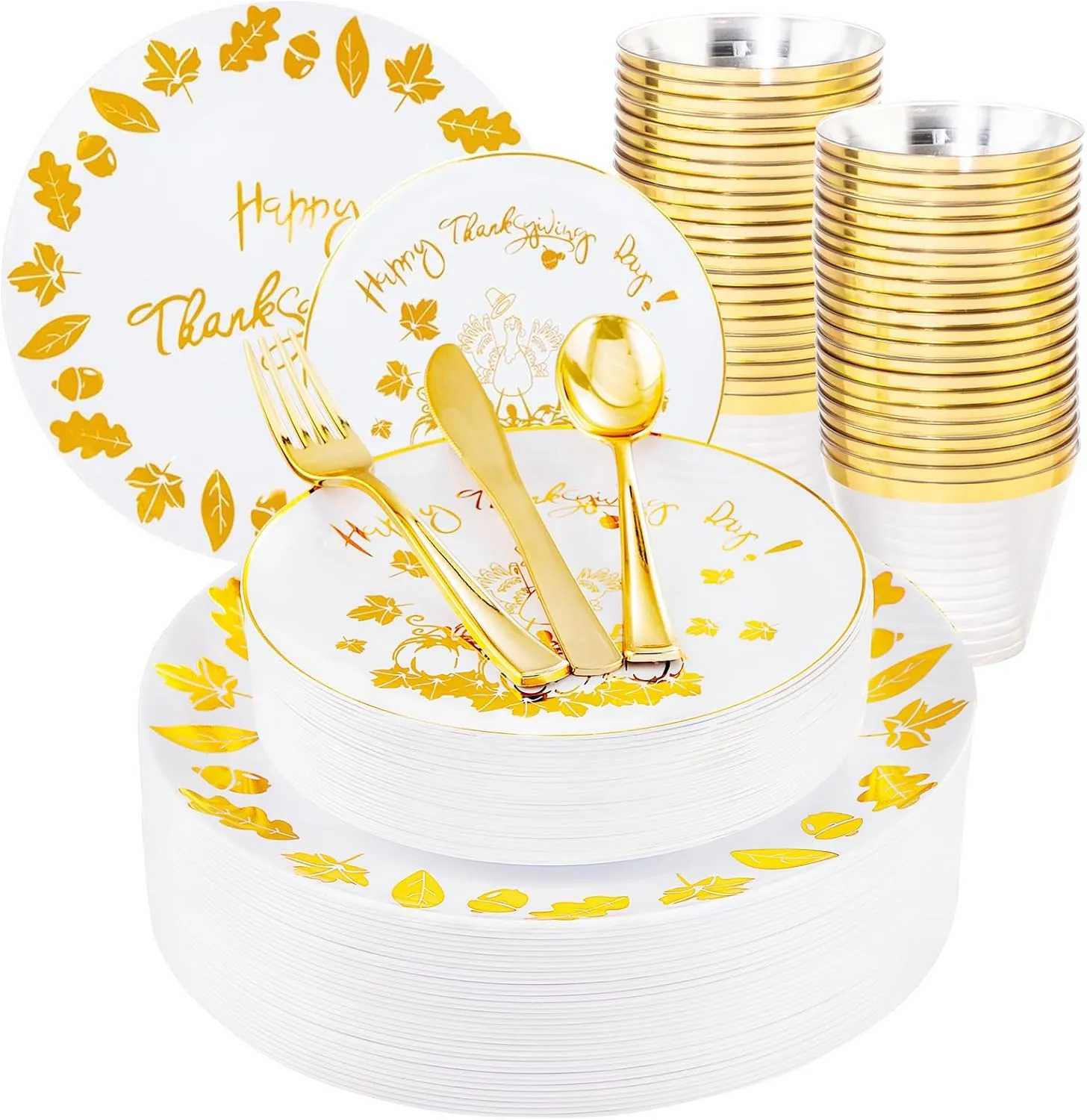 WDF 150 Pieces Thanksgiving Plastic Plates - Thanksgiving Disposable Plastic Plates and Gold Silverware -25 Guest Heavy Duty Plastic Plates For Thanksgiving Day&Parties
