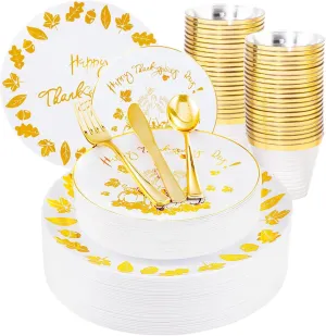 WDF 150 Pieces Thanksgiving Plastic Plates - Thanksgiving Disposable Plastic Plates and Gold Silverware -25 Guest Heavy Duty Plastic Plates For Thanksgiving Day&Parties