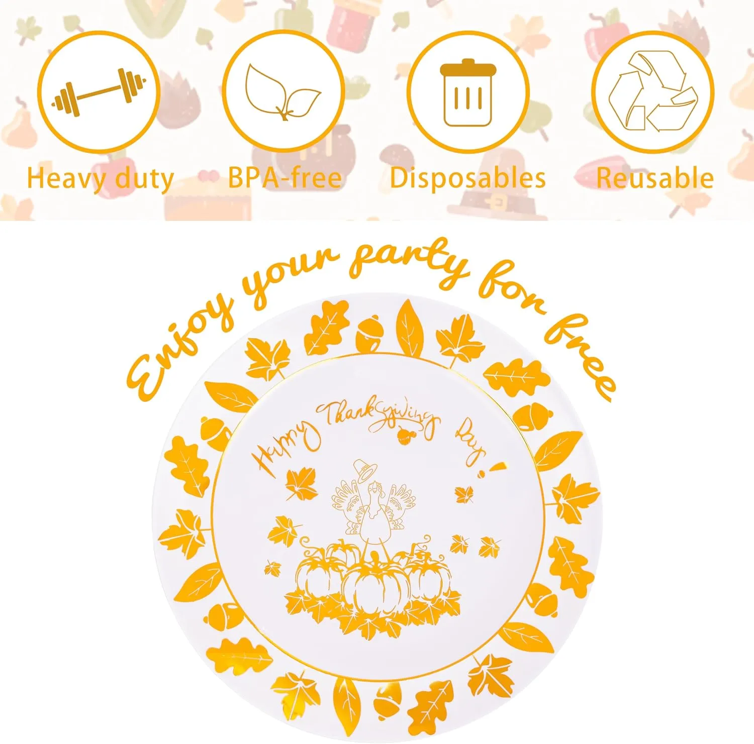 WDF 150 Pieces Thanksgiving Plastic Plates - Thanksgiving Disposable Plastic Plates and Gold Silverware -25 Guest Heavy Duty Plastic Plates For Thanksgiving Day&Parties