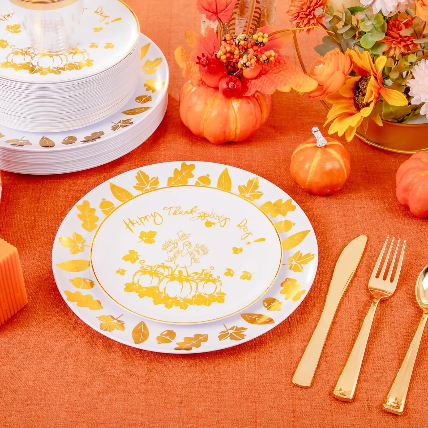 WDF 150 Pieces Thanksgiving Plastic Plates - Thanksgiving Disposable Plastic Plates and Gold Silverware -25 Guest Heavy Duty Plastic Plates For Thanksgiving Day&Parties