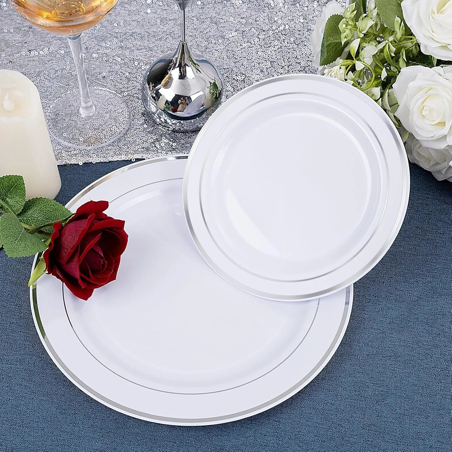 WDF 150PCS Silver Plates Plastic - Disposable Plastic Silver plates Dinnerware include 25 Dinner Plates,25 Salad Plates,25 Forks, 25 Knives, 25 Spoons,25Disposable Napkins
